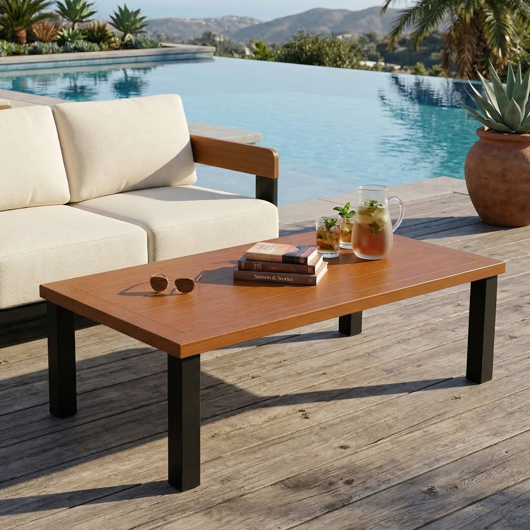 Fnova Outdoor Rectangular Coffee Table, Large Patio Table with Sturdy Metal Frame, Modern Outdoor Furniture for Patio Backyard Garden Poolside
