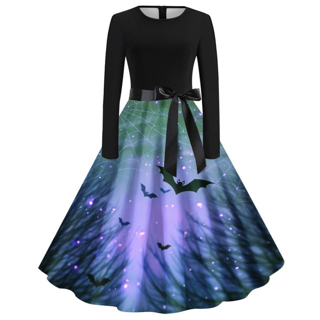 Long Dress with Sleeves,Summer Casual Dress,Ladies Casual Long Sleeved Round Neck Printed Fashionable Strap Dress