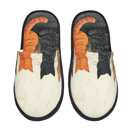 

Fuzoiu Four Cats Watching Rain Print Unisex Furry Slippers Plush Indoor Shoes Trendy House Slippers Anti-Skid EVA Sole House Shoes for Home Office and Travel -Large