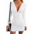 thumbnail image 3 of Women'S Long Sleeve V Neck Ruched Bodycon Mini Party Cocktail Dress White L, 3 of 10