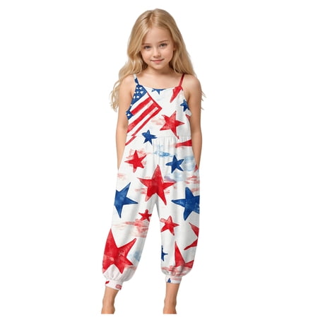 Qopobobo Fourth July Outfits Toddlers 4th of July Toddler Girl Outfit Smocked USA Dress Sleeveless Tie Strap Fouth of July Dresses Kids Patriotic Clothes Dark Blue 7-8 Years