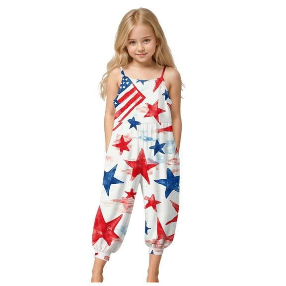 eileial Toddler Baby Girl 4th of July Jumpsuit Outfits American Flag Romper Sleeveless Spaghetti Strap One Piece Playsuit,Dark Blue 7-8 Years