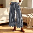 thumbnail image 6 of Karymi Women's Shorts Solid Velvet Wide Leg Long Pants, Elastic Drawstring High Waist Trousers, Hollow Lace Scalloped Hem Side Pockets Palazzo Pants Capri Pants for Women, 6 of 8