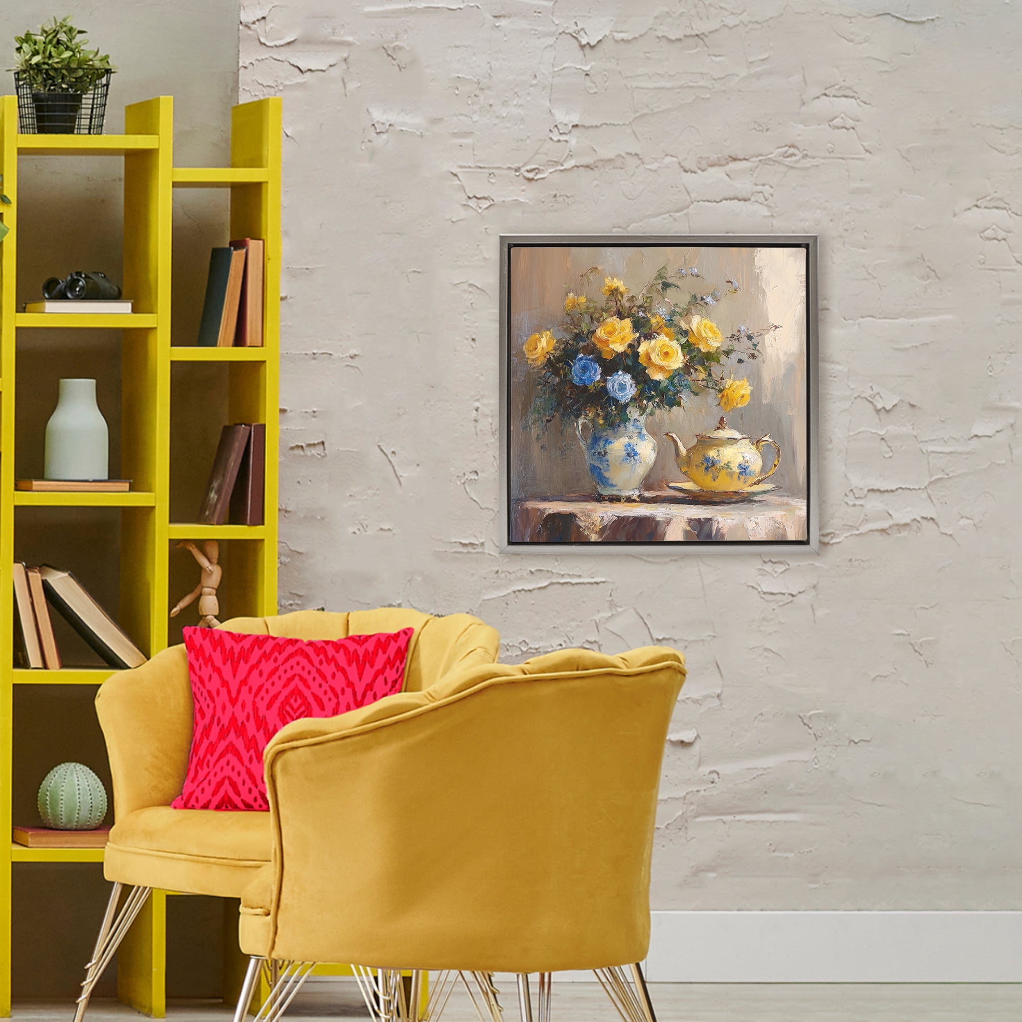 Stupell Industries Tea Time Blue & Yellow Bouquet Gray Framed Floater Canvas Wall Art, design by Petal Prints Design