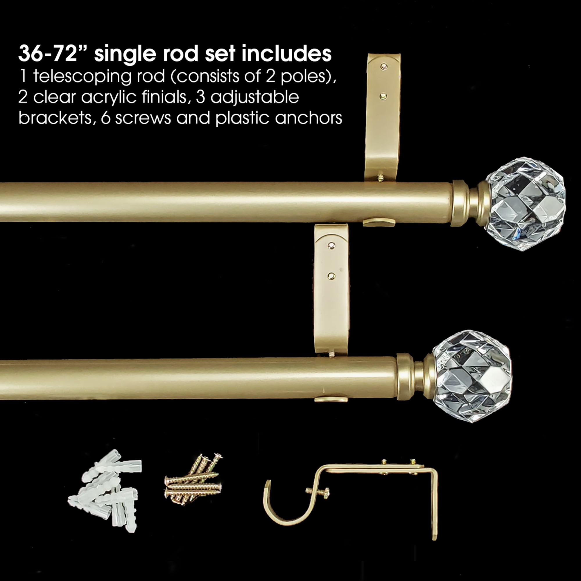 SKYPLUS LIVING 1-1/8 in Single Window Curtain Rod with Crystal Finial Set,Adjustable72-144'' in,Gold