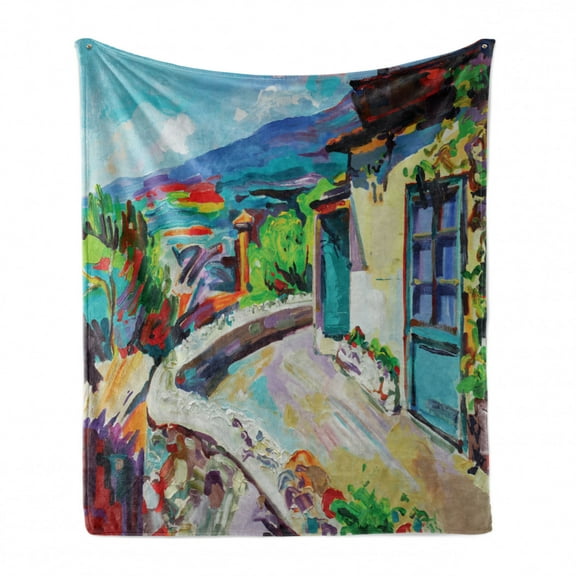 Fine Art Soft Flannel Fleece Blanket, Idyllic Summer View of a Cottage House on Mountains Rural Tranquil French Scenery, Cozy Plush for Indoor and Outdoor Use, 50" x 60", Multicolor, by Ambesonne