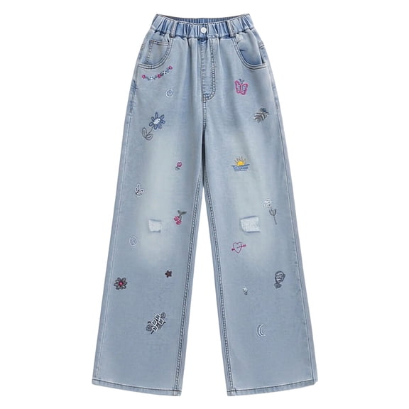 WERYOUNG Girl's Denim Pants For Kids Cartoon Straight Leg Trousers Everyday Wear Elastic Waist Jeans For Girls Travel Party Trendy Bottom 5-6 Years