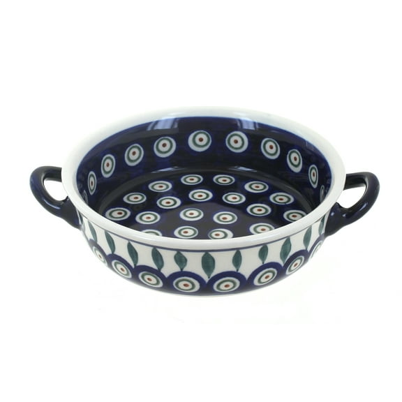 Blue Rose Polish Pottery Peacock Small Baker with Handles