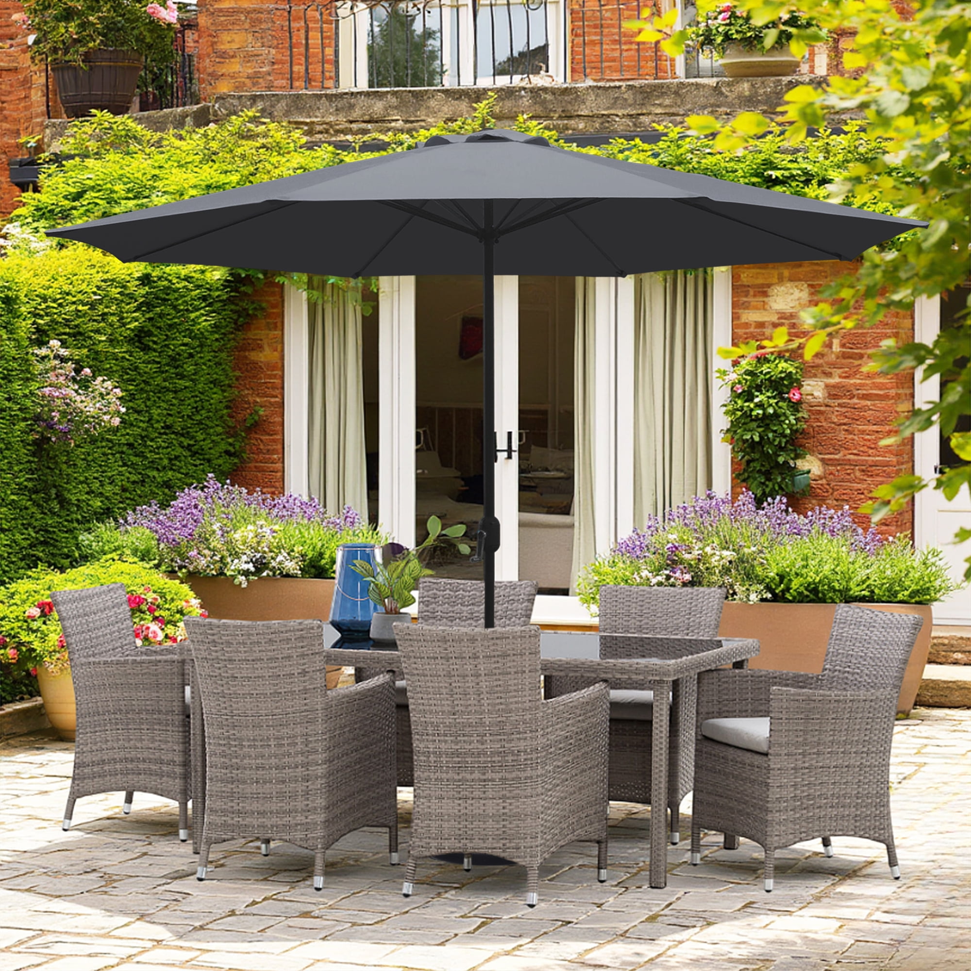 Kool 11FT Outdoor Patio Umbrella with Crank Handle, Market Umbrella with 8 Sturdy Umbrella Ribs, Waterproof for Garden Deck Backyard Pool, Dark Gray