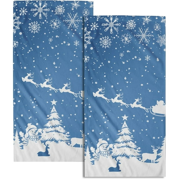 Snowman Xmas Tree Hand Towels Set of 2 - Christmas Elk Reindeer Bathroom Guest Towel 14.4 x 28.3 Inch Blue Decorative Snowflakes Washcloth for Winter Holiday Kitchen Gift