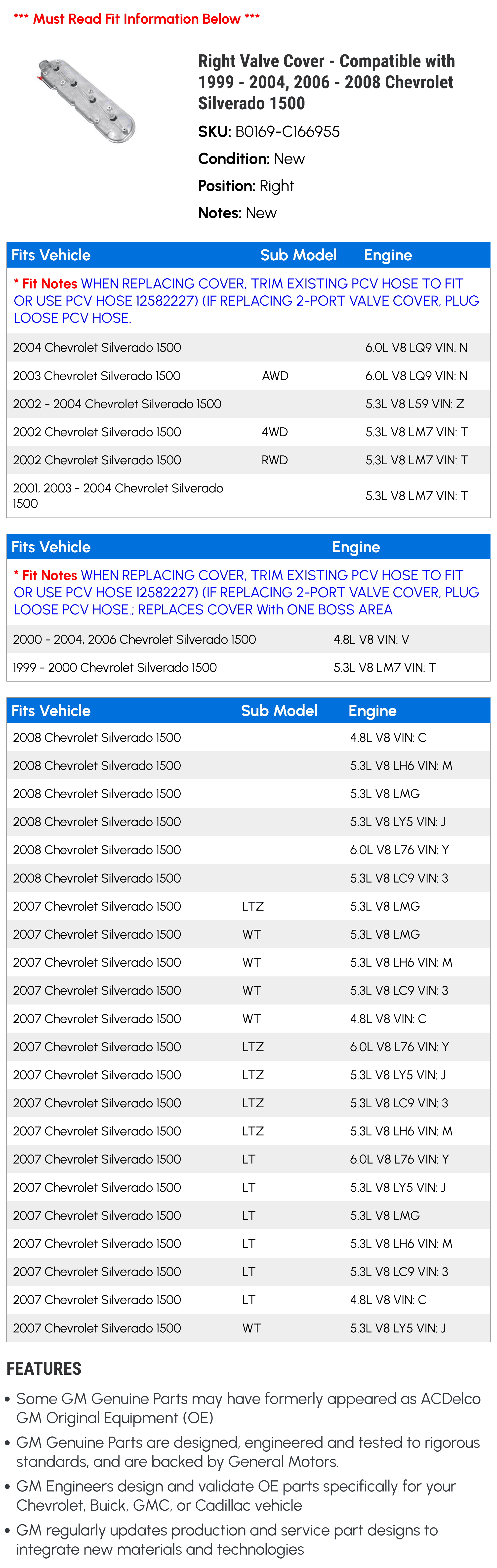 Right Valve Cover - Compatible with 1999 - 2004, 2006 - 2008 Chevy Silverado 1500 2000 2001 2002 2003 2007