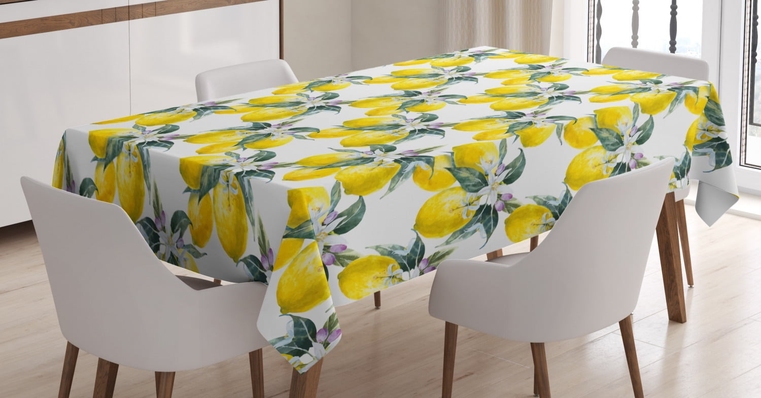 Nature Tablecloth, Lemons Flowers Inspirational Summer Season Fruits