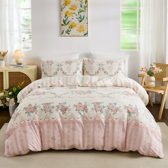 100% Nature Cotton Duvet Cover Set  Girl Pink Flower Bedding Sets 3 Pieces Garden Style Comforter Cover Lightweight Soft Aesthetic Duvet Covers with Zipper Closure