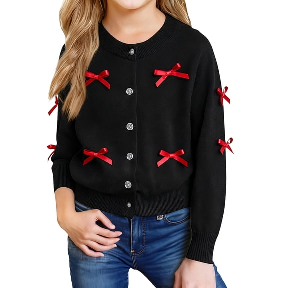 Abcomgle Girl Cardigan Sweater 6-7 Cute Bownot Long Sleeve Girls Cardigan Crewneck Button Down Knit Sweater Girls,10-11Years,Black