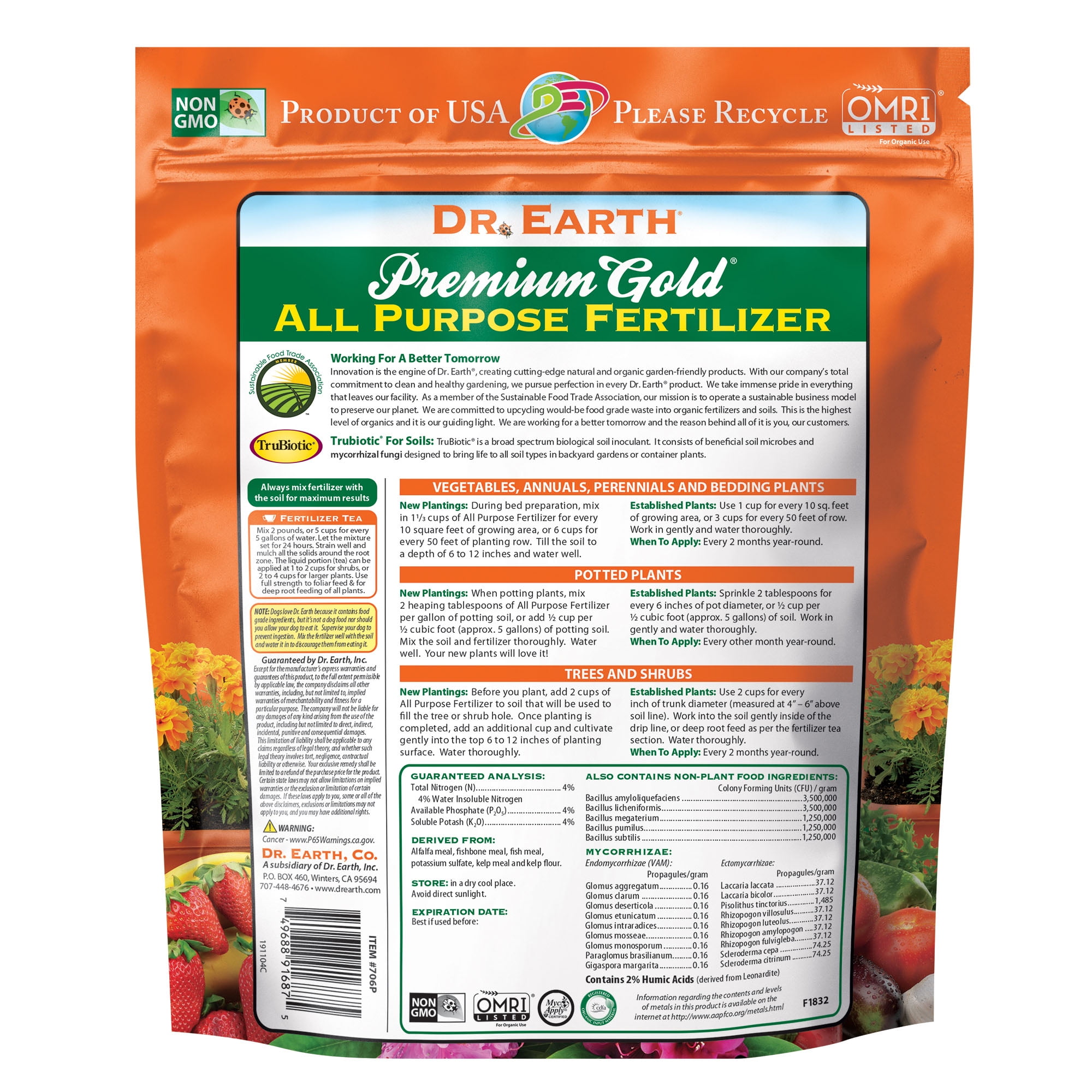 Dr. Earth Premium Gold All Purpose Plant Food, 4-4-4 Fertilizer, 4 lb.