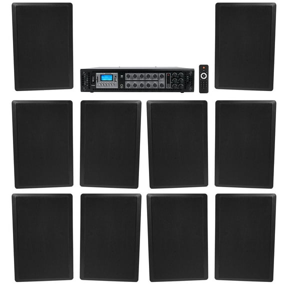 Rockville 6-Zone 70v Amplifier (10) Slim Black Restaurant/Bar/Cafe Wall Speakers