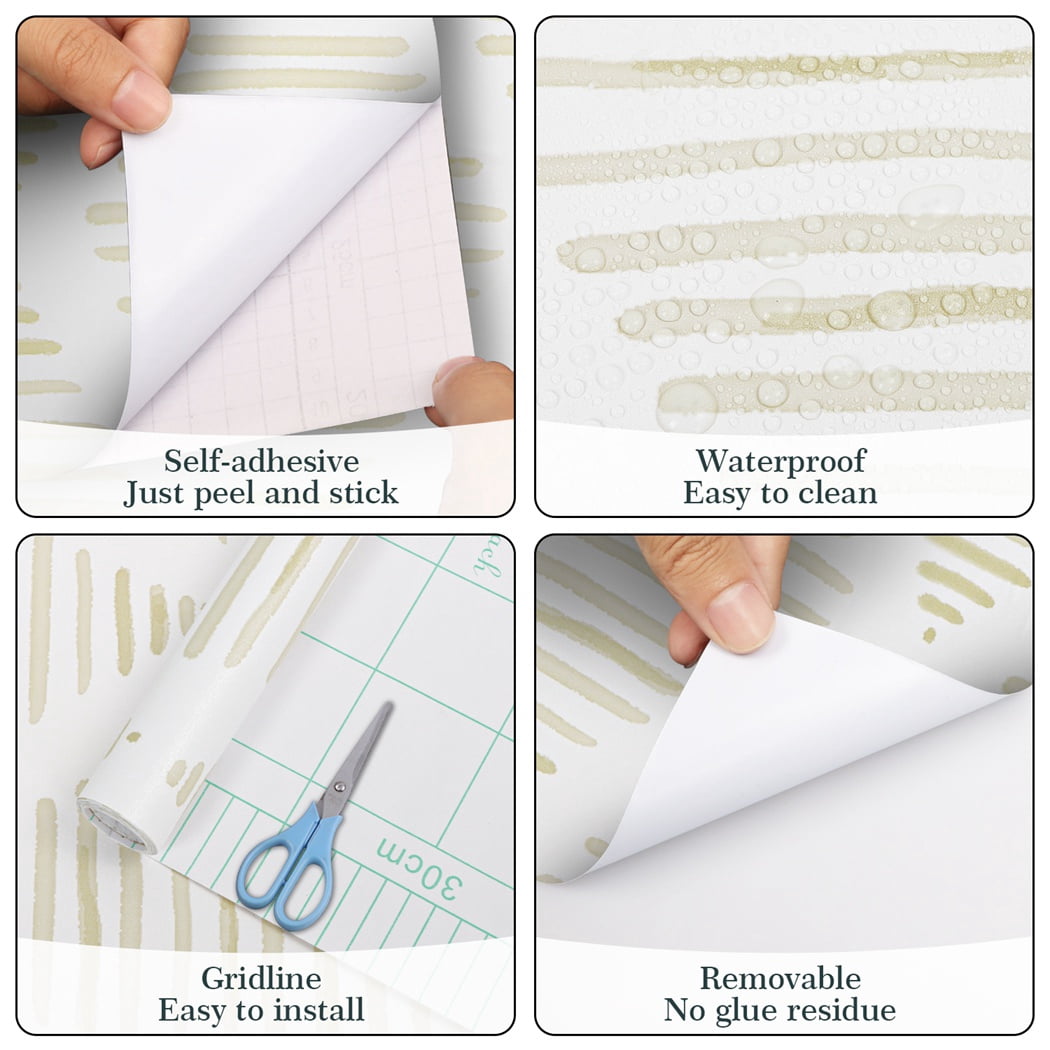 Arthome Geometric Peel and Stick Wallpaper 17''x120'' Stripe Contact Paper White and Beige Self Adhesive Removable Decorative Wall Paper for Bedroom Drawers Cabinets
