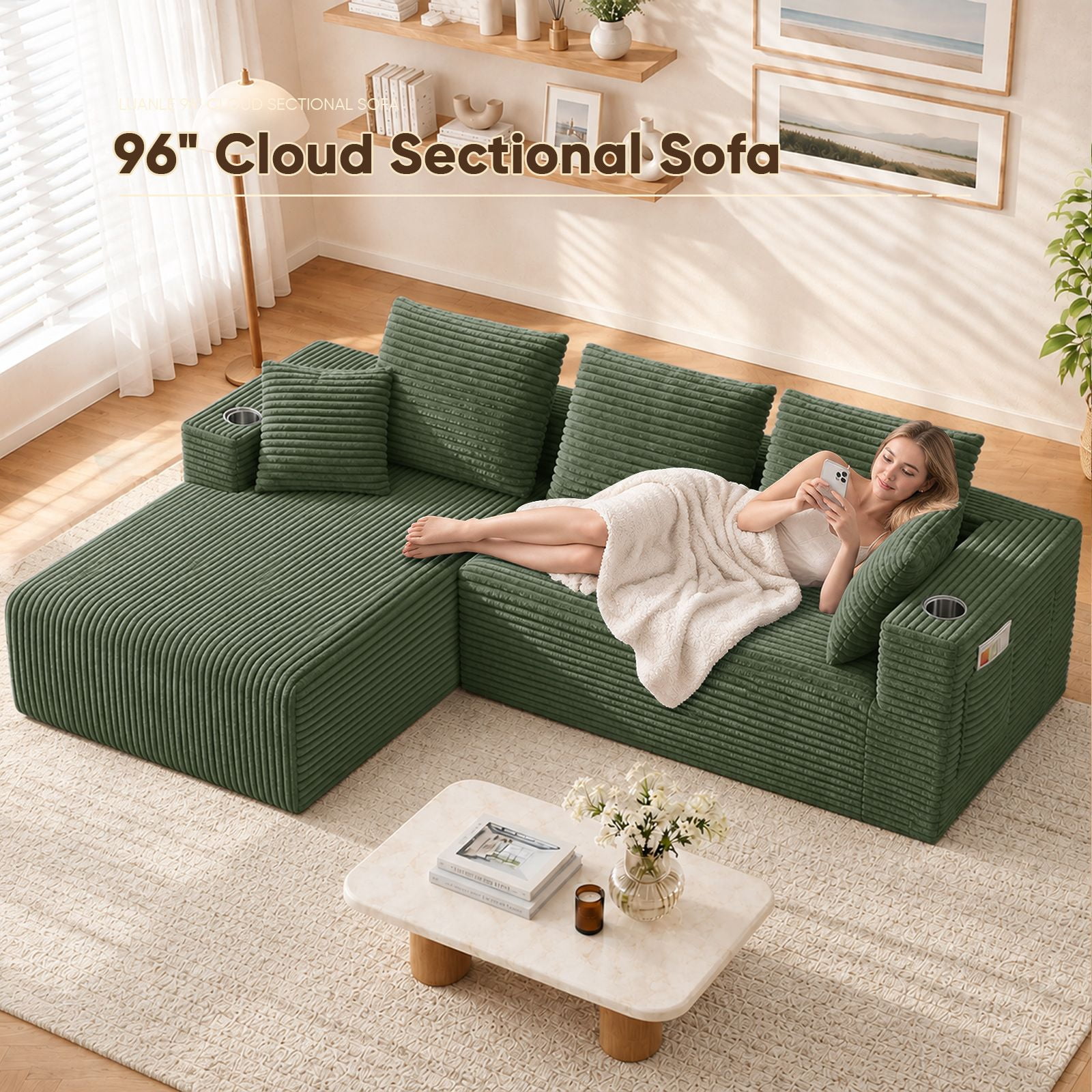 Lunale 95" Modular Sectional Sofa, L-Shaped Boneless Cloud Couch with Cup Holders, Modern Deep Seat Sofa for Living Room, Green (Left Facing Chaise)