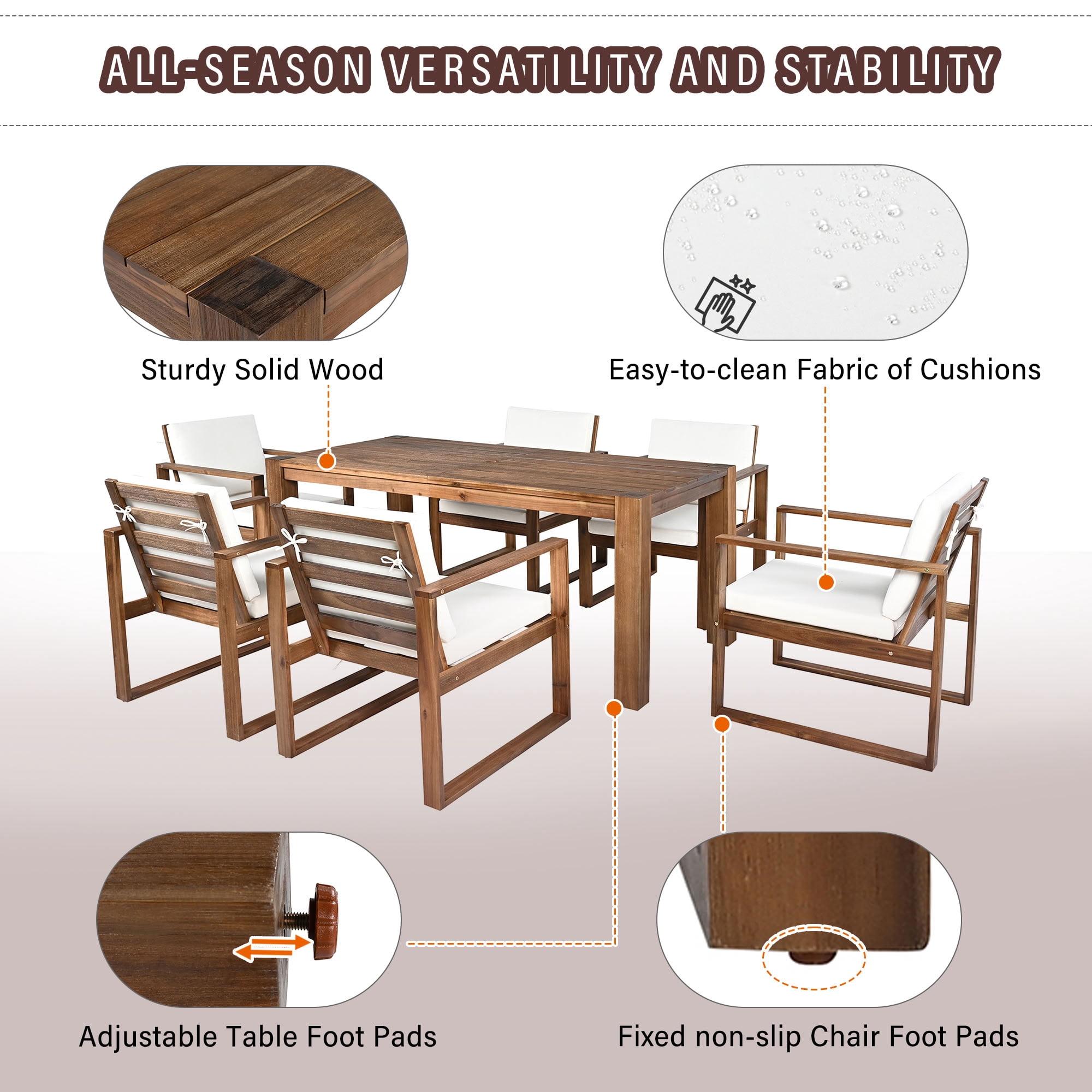MAYEERTY 7 Piece Patio Table and Chairs Set, Outdoor Wood Furniture Set for 6 with Removable Cushion & Umbrella Hole, for Garden