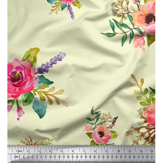 Soimoi Satin Silk Fabric Leaves & Anemone Flower Printed Craft Fabric by the Yard 42 Inch Wide