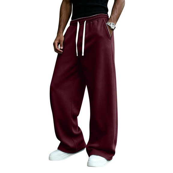 Resicozy Mens Baggy Sweatpants Wide Leg Streetwear Casual Lounge Pants Drawstring Elastic Waist Solid Sweat Pants with Pockets Wine S