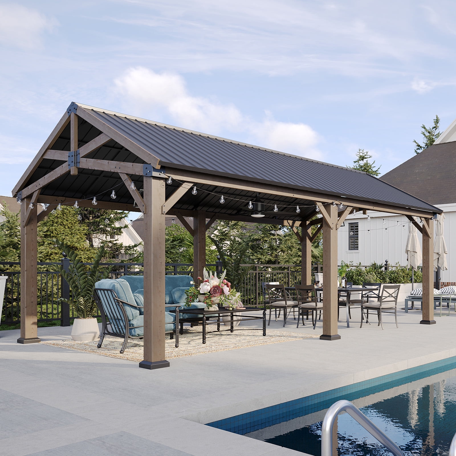 Sunmthink 12' x 20' Outdoor Wood Frame Gazebo, Hardtop Gazebo with Galvanized Steel, Permanent Wooden Pavilion for Patio Backyard Lawn Garden