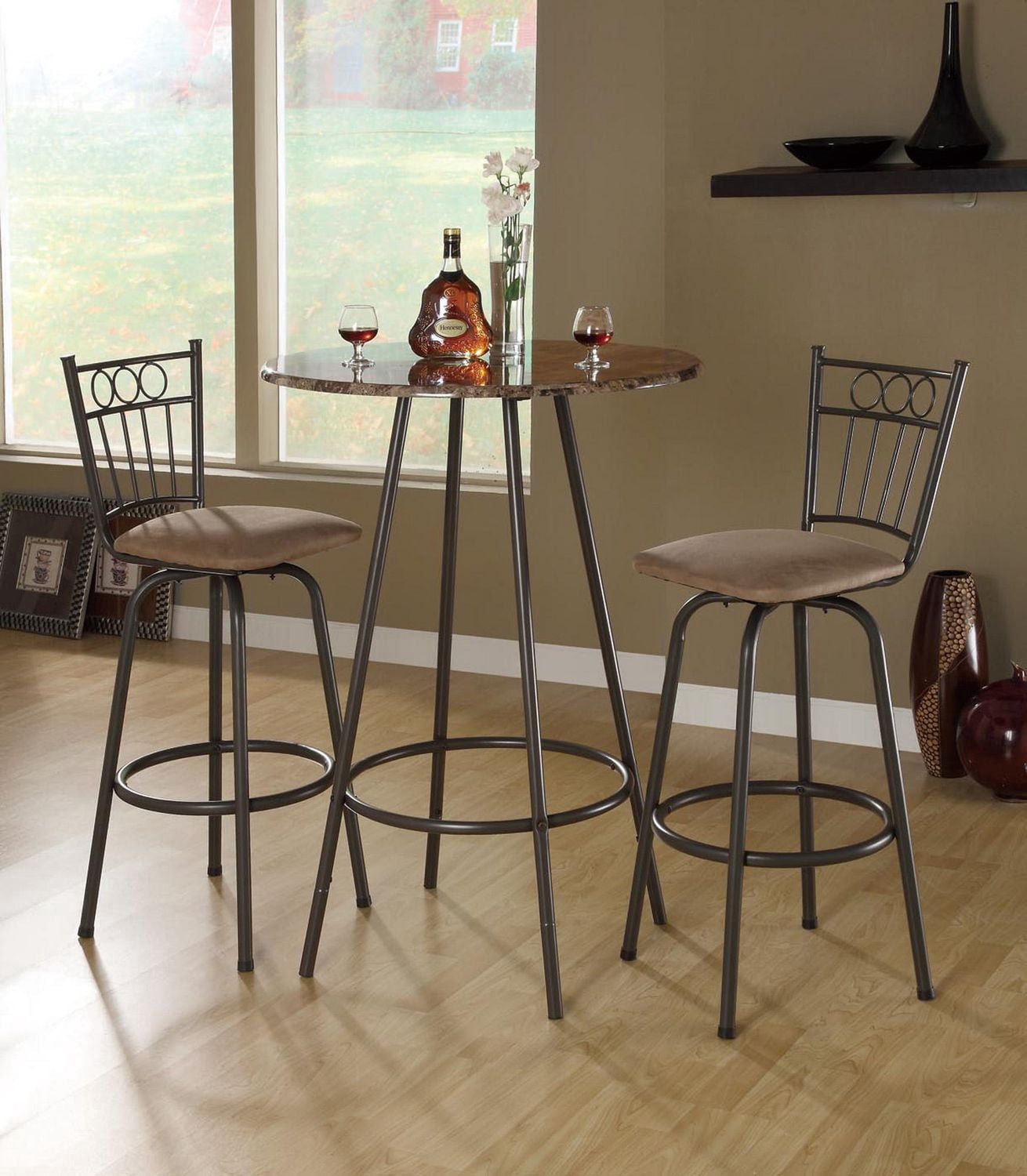 Monarch Specialties Home Bar, Bar Table, Bar Height, Pub, 30" Round, Small, Kitchen, Metal, Laminate, Brown Marble Look, Contemporary, Modern