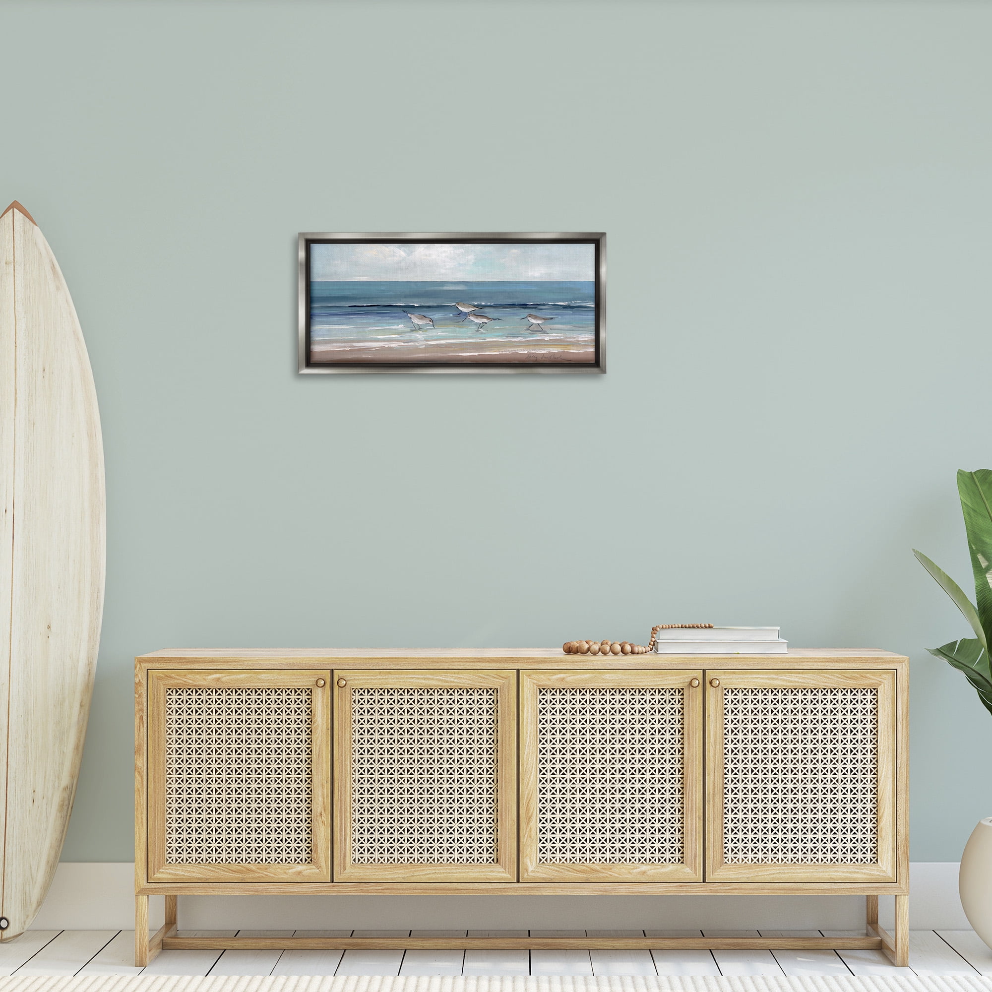 Stupell Industries Sandpipers with Cloudy Sky Nature Painting Gray Floater Framed Canvas Art Print Wall Art, 31 x 14