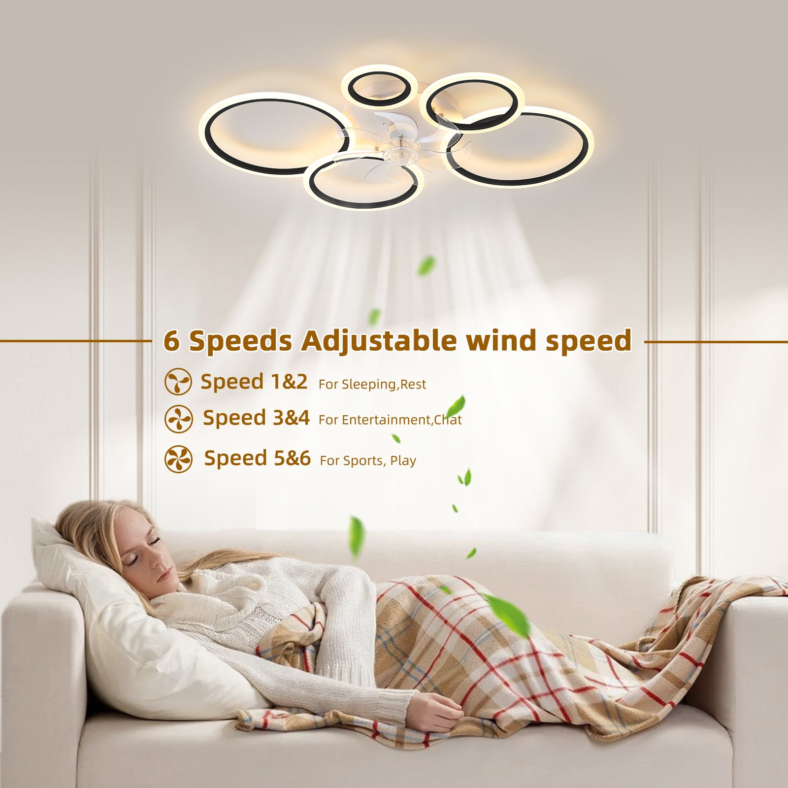 Ceiling Fan with Lights Remote Control and APP Control, Dimmable with Remote 7 Blades 6 Speeds of Wind, Black