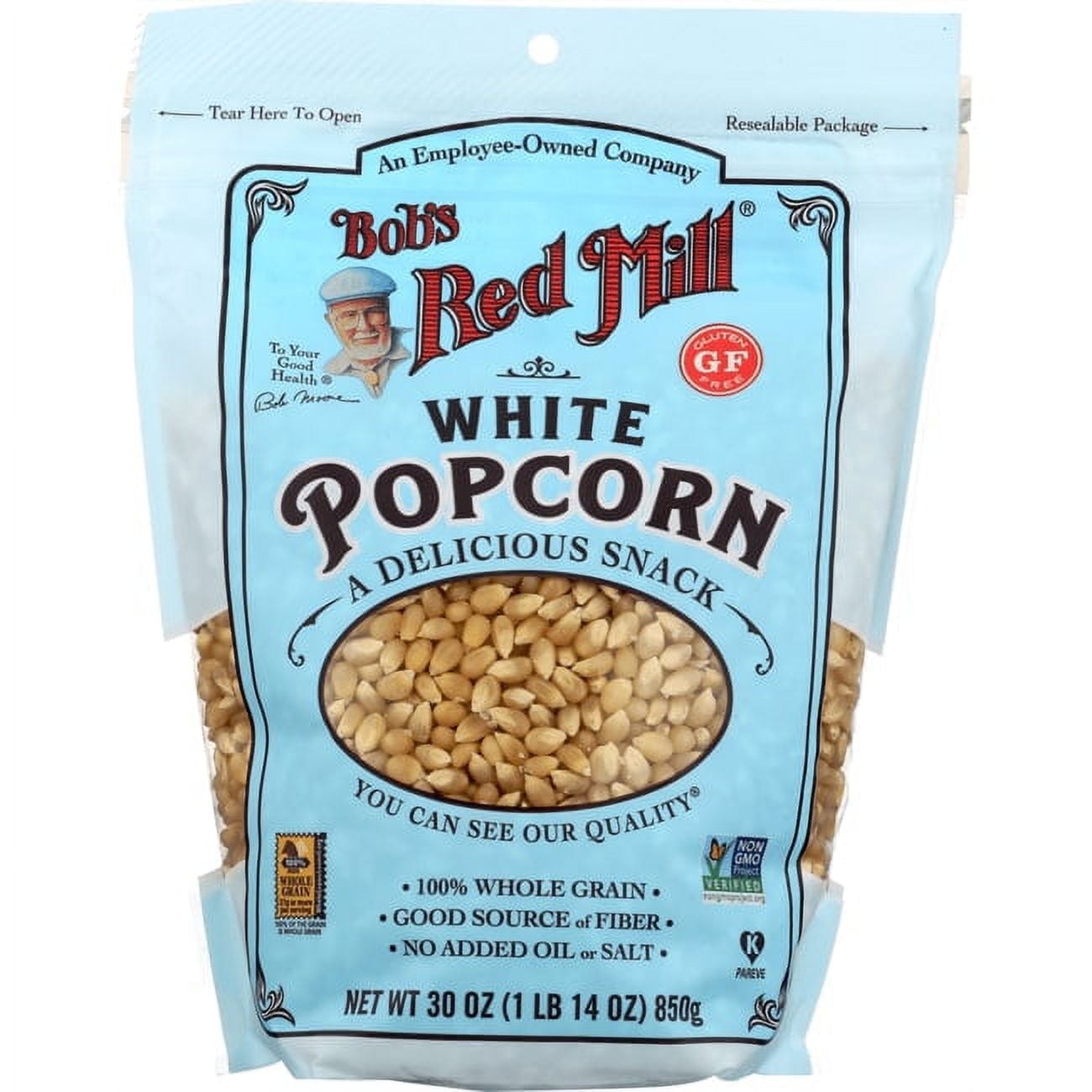 Bob's Red Mill Resealable Whole Grain Snack, Kernel White Popcorn, 30oz (3 Pack)