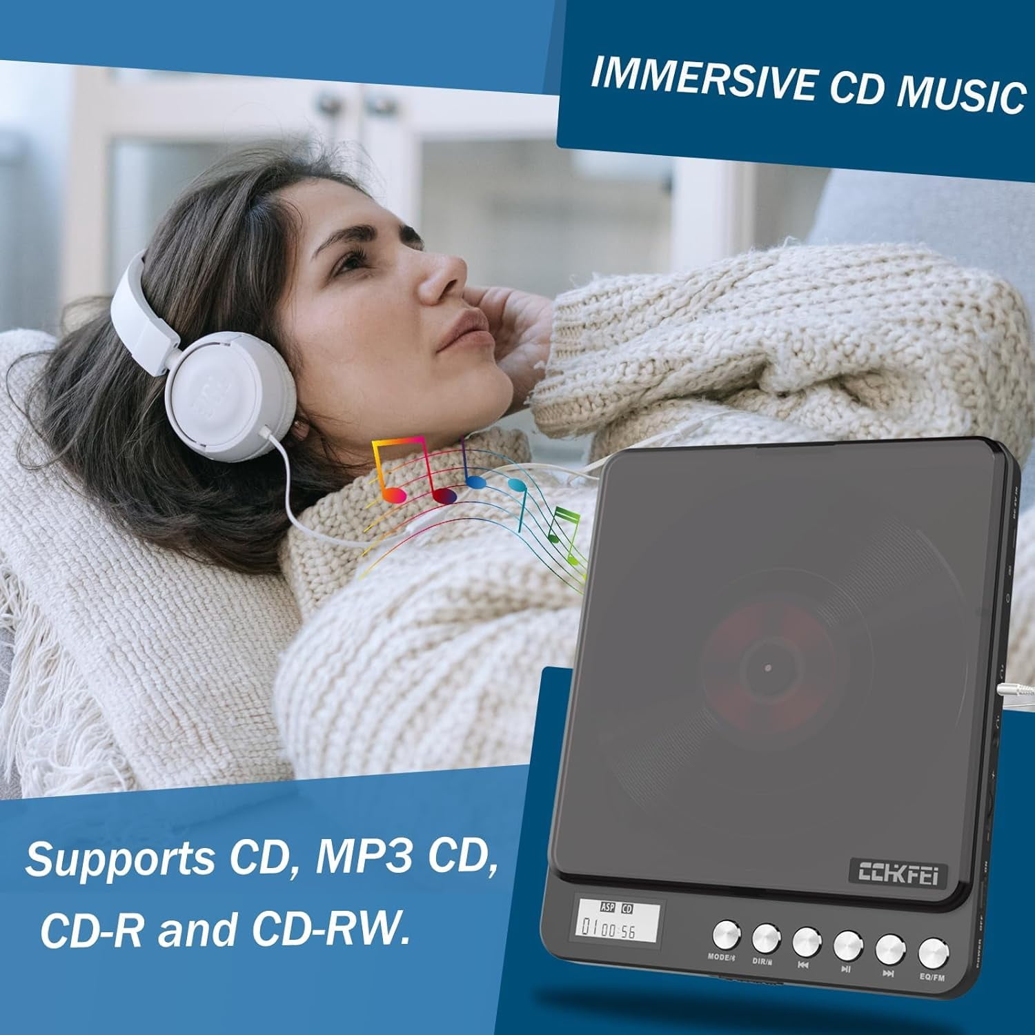 CCHKFEI Bluetooth Portable CD Player with Speakers 2000mAh Rechargeable CD Player Portable Bluetooth with Dual Headphones Jack