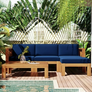 CoSoTower Outdoor Backyard Patio Wood 5-Piece Sectional Sofa Seating Group Set with Cushions, Natural Finish  Blue Cushions