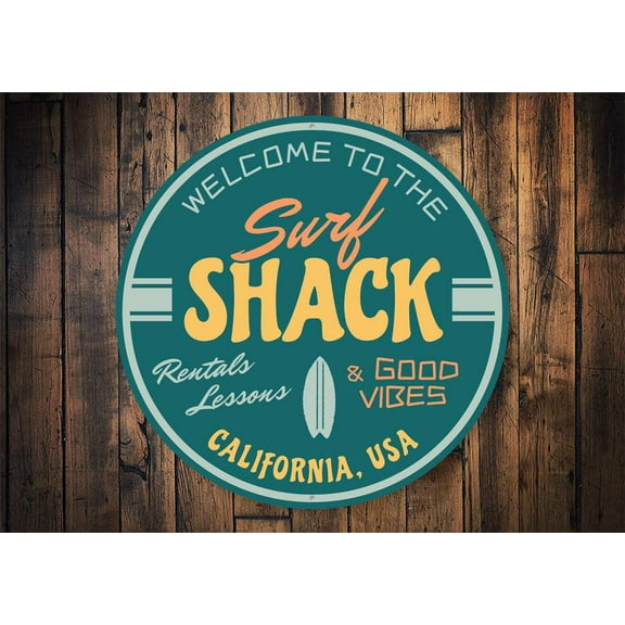 Good Vibes Surf Shack Novelty Sign, Metal Wall Decor - 12" Round