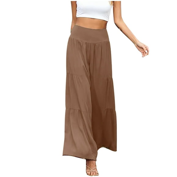 Bigersell Stretch Pant for Women Full Length Women's Fashion Casual High Waist Elastic Waist Solid Color Ruffle Wide Leg Long Pants Ladies Low Pro Jumpsuits
