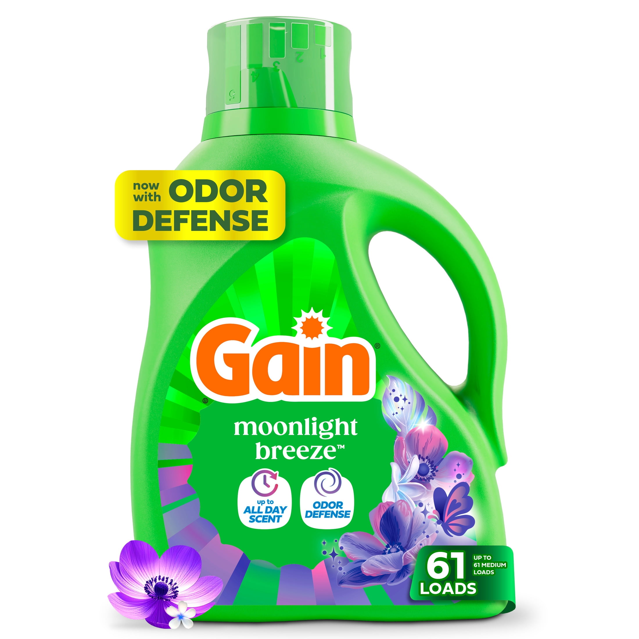 (4 pack) Gain Liquid Laundry Detergent, Odor Defense, Moonlight Breeze Scent, 81 fl oz, 61 Loads