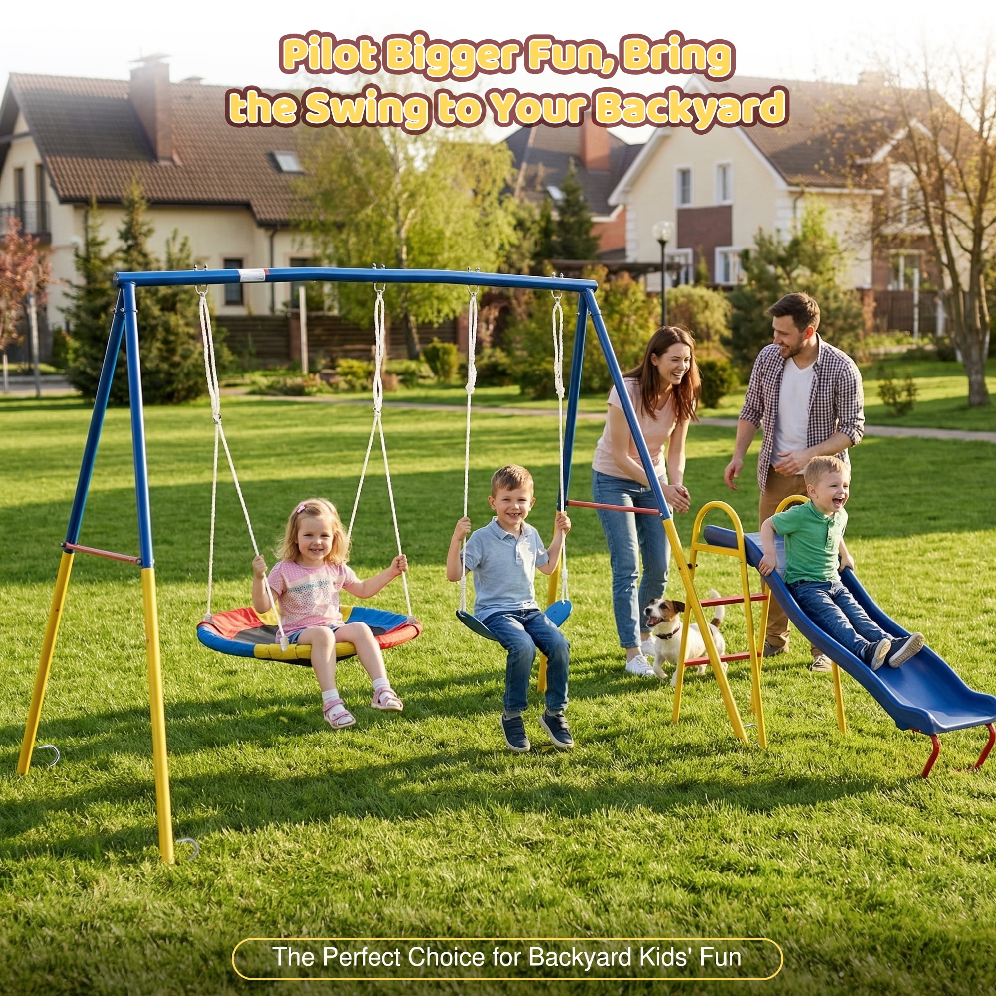 Leumius 3 in 1 Swing Set with Slide for Kids,Outdoor Heavy-Duty Metal Playset for Backyard,Blue