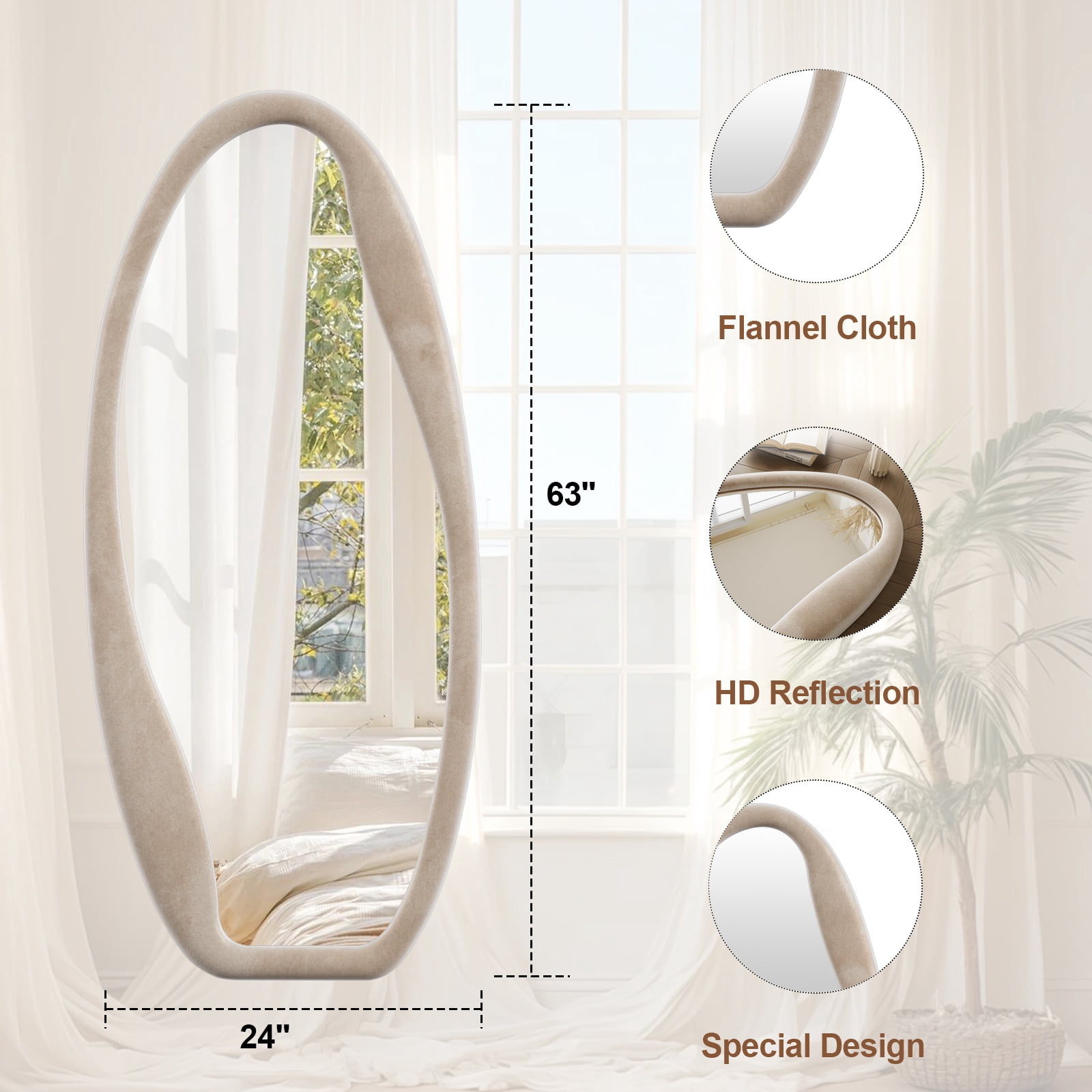 Anyrose 63"x24" Irregular Full Length Mirror Wavy Floor Mirror With Flannel Frame, White