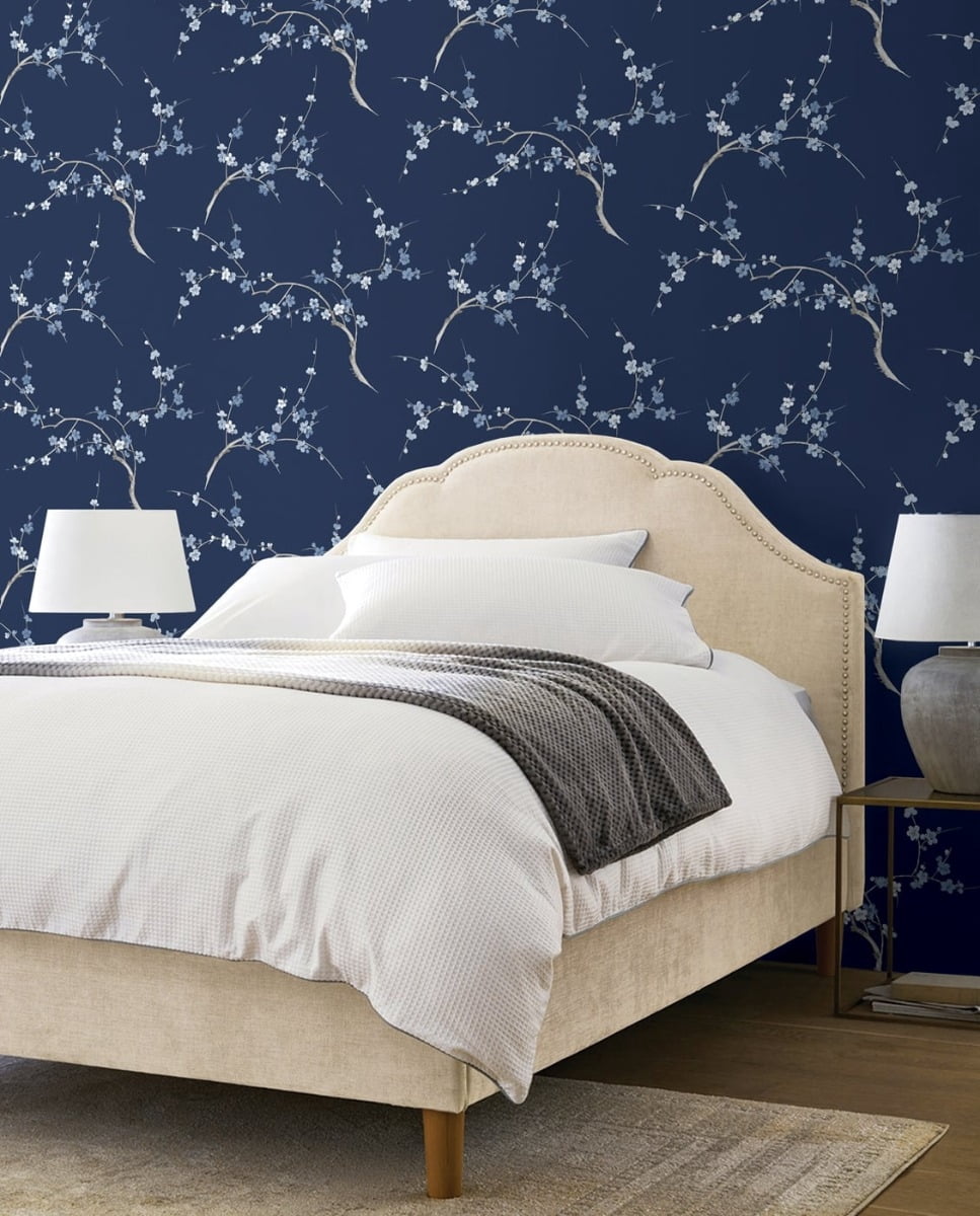 NextWall Navy & Blue Jay Cherry Blossom Floral Peel and Stick Wallpaper