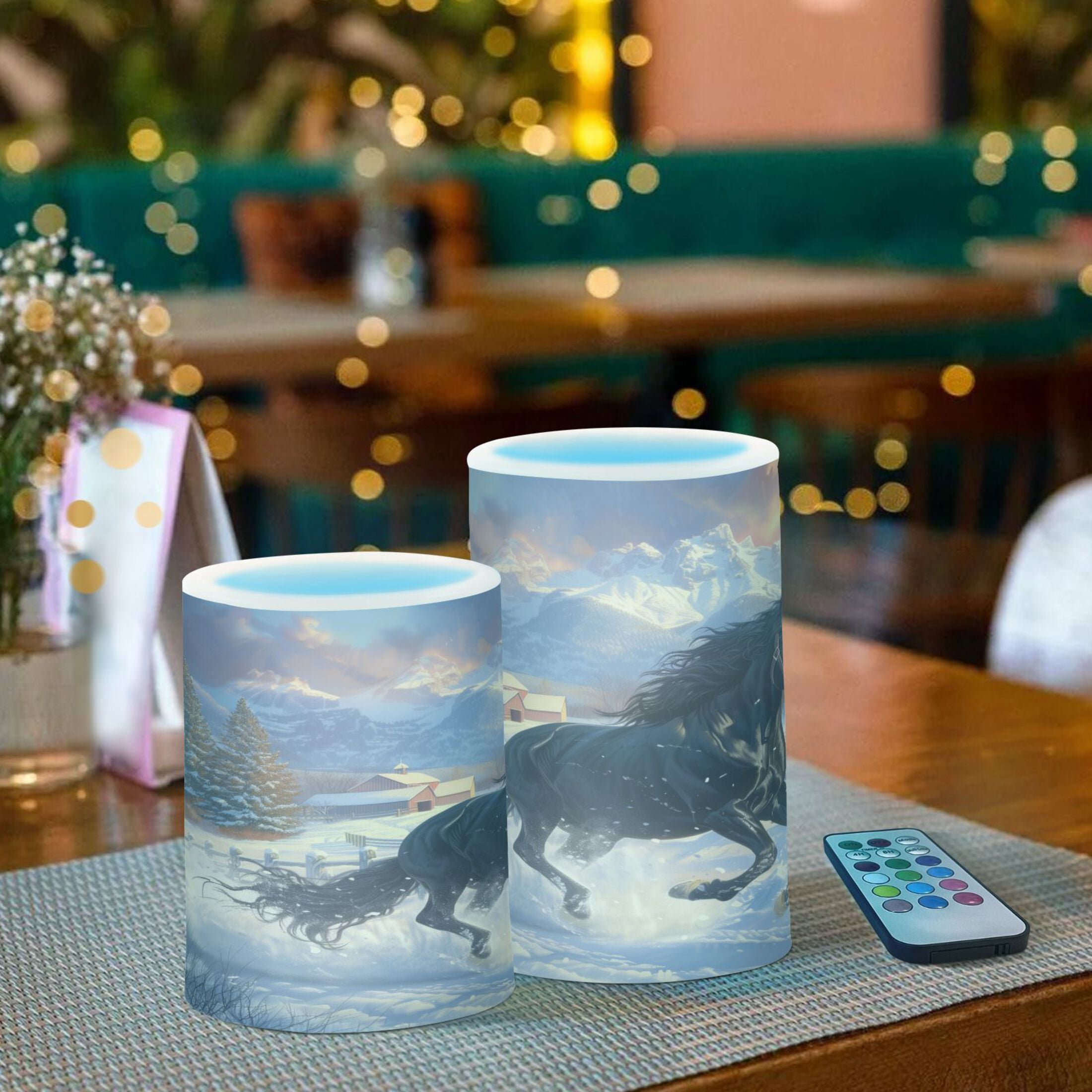 Flickering Flameless LED Candles set of 2 Battery Operated 18-Key Remotes Timer Halloween Fall Decor Horse Galloping in Snow D3''xH4''5''