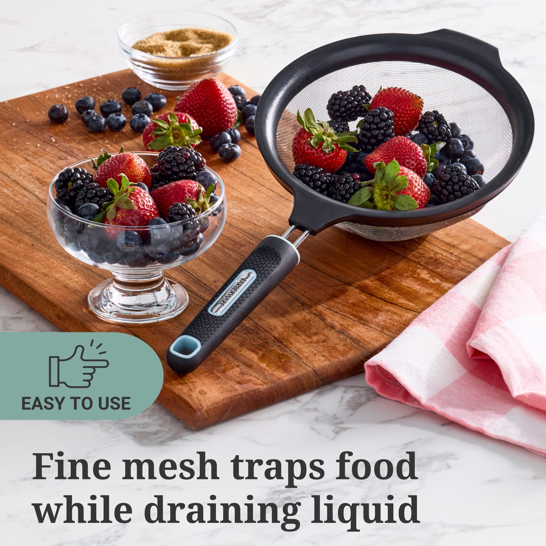 Farberware Soft Grips 7 in Stainless Steel Fine Mesh Strainer, Black with Slate Accents