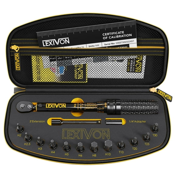 LEXIVON Clé de Couple pour Vélo 1/4 Po Dr. Trousse de 15 Pcs / Engrenage à 72 Dents, Type à Clic Bidirectionnel 2-26 Nm (17,7-230,1 Po Lb) / Trousse d'Entretien Portable