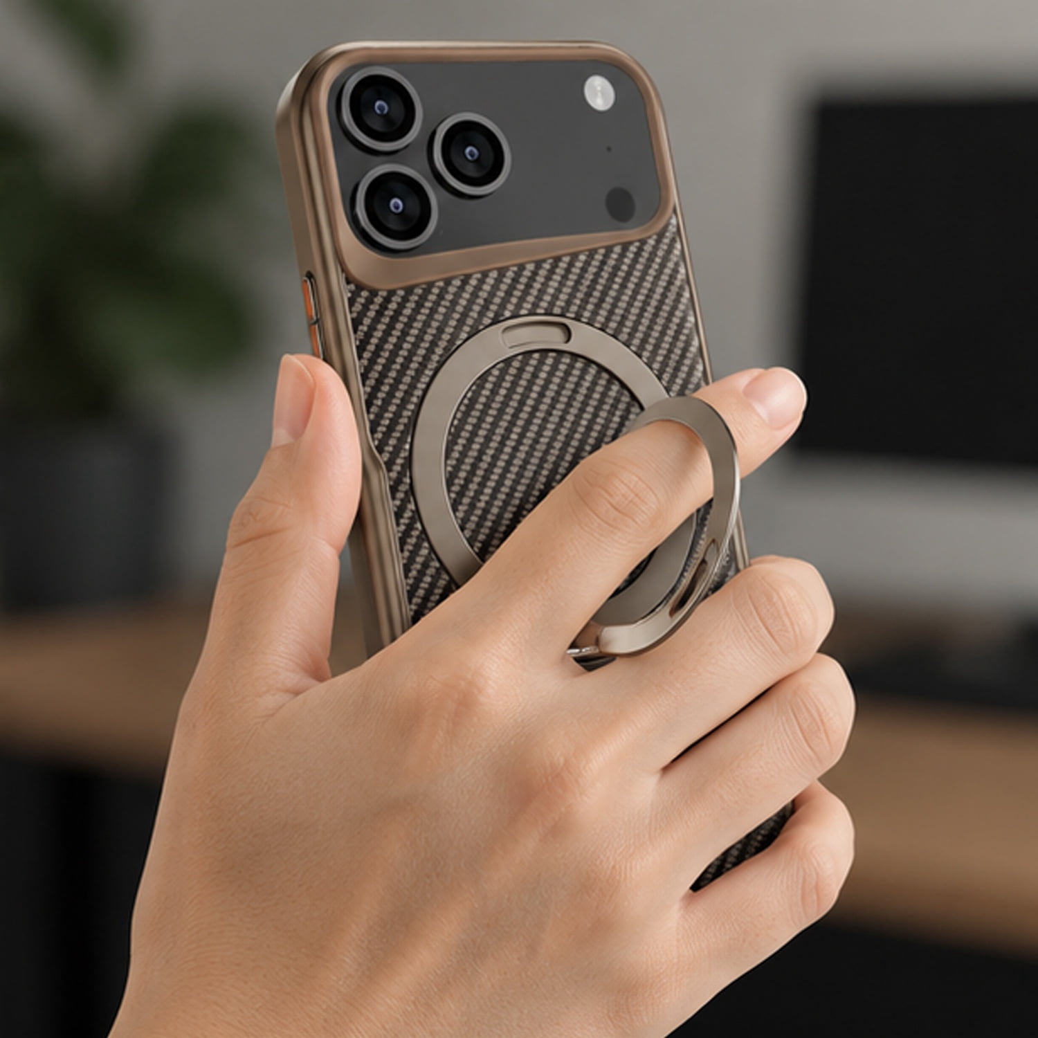 Durable Carbon Fiber Magnetic Kickstand Case for iPhone 17 Pro Max - Gold