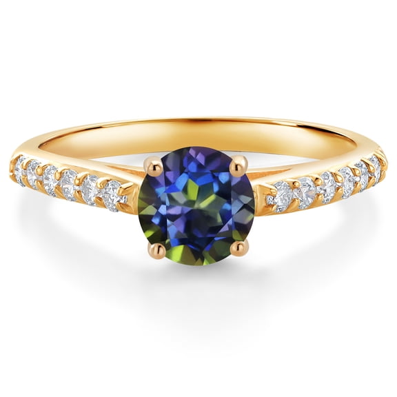 Gem Stone King 10K Yellow Gold Blue Mystic Topaz and White Lab Grown Diamond Engagement Ring for Women (1.18 Cttw, Gemstone, Round 6MM, Size 8)