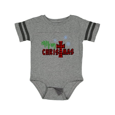 

Inktastic Merry Christmas Buffalo Plaid Cross with Snowflakes Gift Baby Boy or Baby Girl Bodysuit