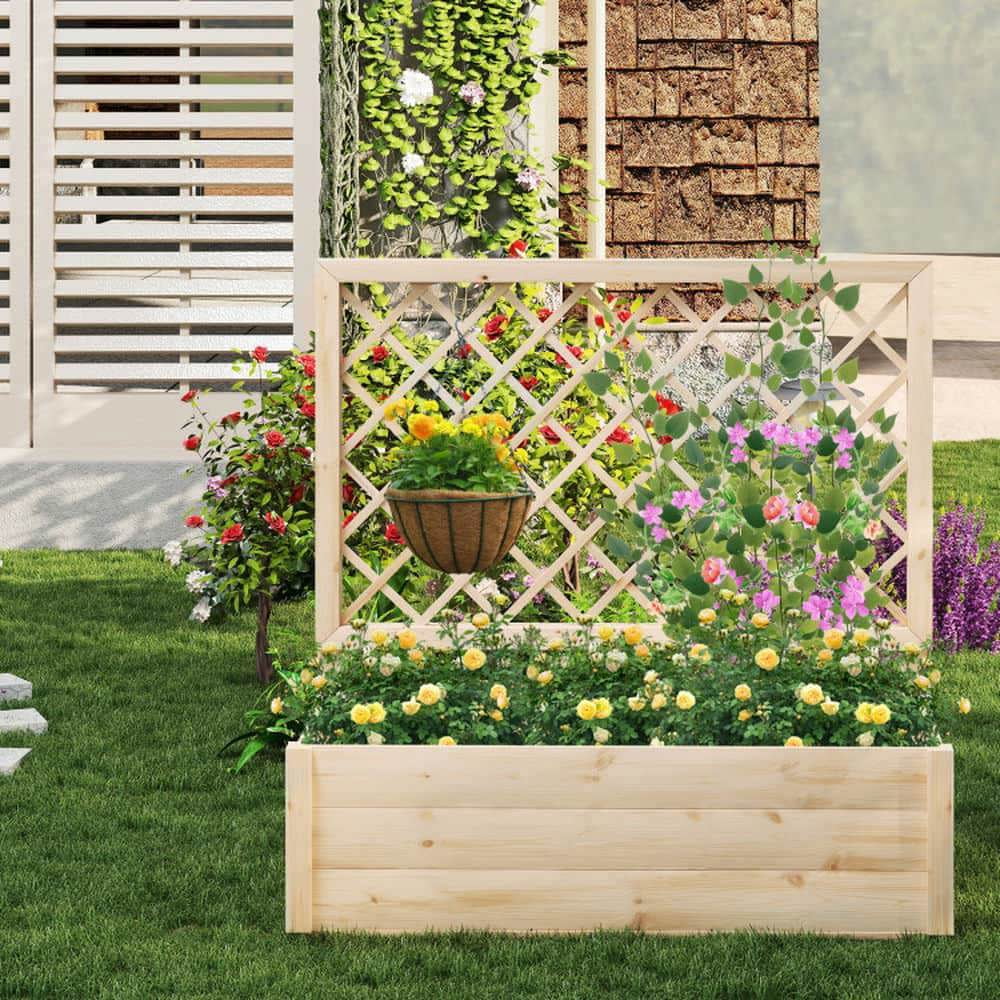 Demifill Raised Garden Bed with Lattice Trellis-L, Wooden Elevated Planter Box for Outdoor as Garden, Backyard, Porch, Brown