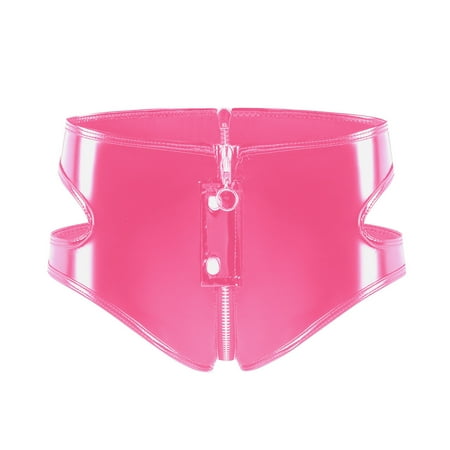 UKLSQMA Ladies  Solid Color PVC Patent Leather Sexy Zipper Open Style Underwear Lingerie for Women PVC Underwear Pink M