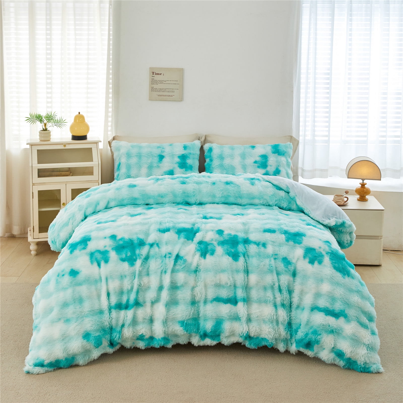 RYNGHIPY 3 Pieces Full Bedding Comforter Sets Faux Fur Bedding Set Mint Green Bubble Comforter Set Tie Dyed Plush Bed Comforter Set Soft Fluffy Bed Set