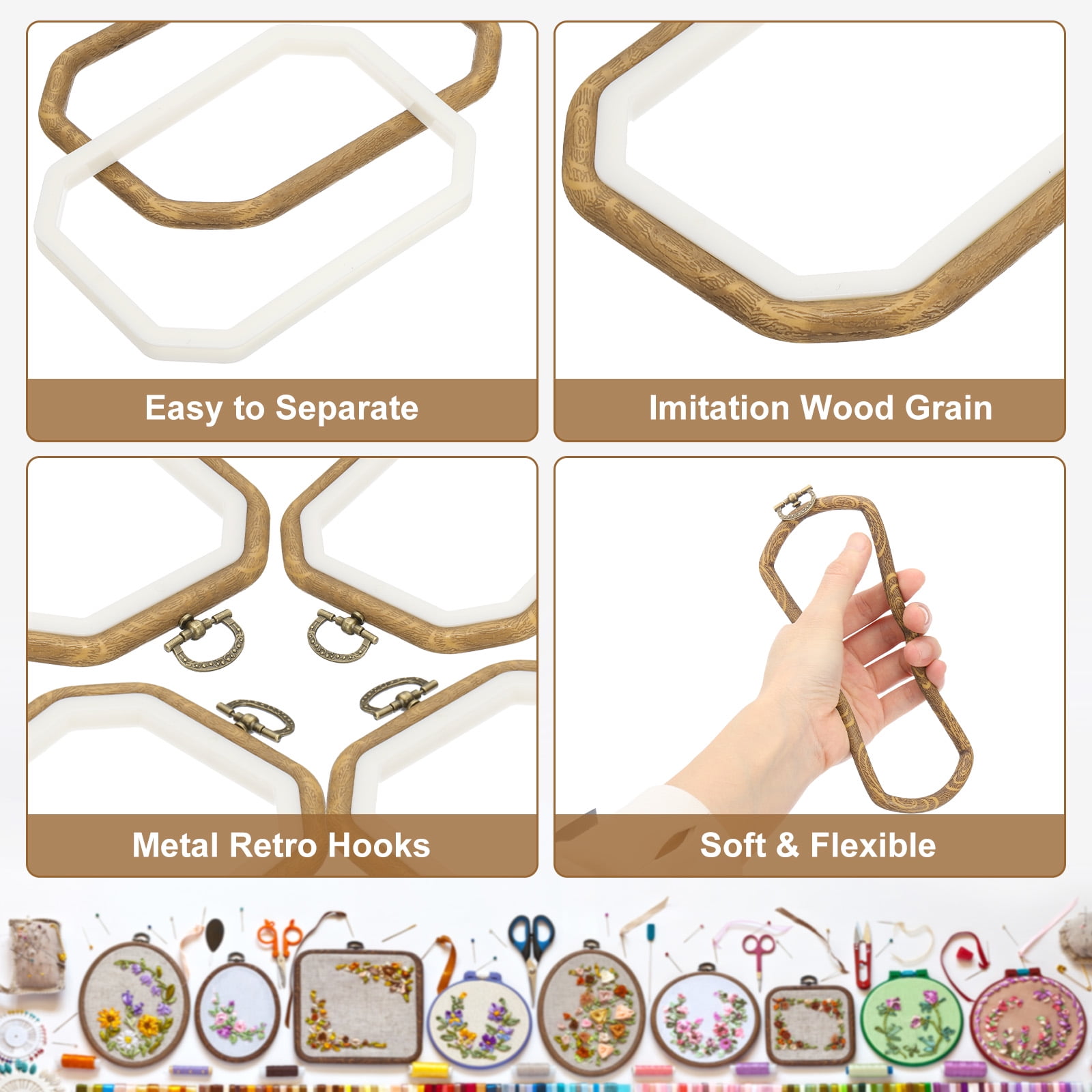 Uxcell 6 Pieces 9.4"x6.5" Embroidery Hoops Frame Imitated Wood Octagon Cross Stitch Hoop Ring for Embroidery Art Craft Handy Sewing Decoration