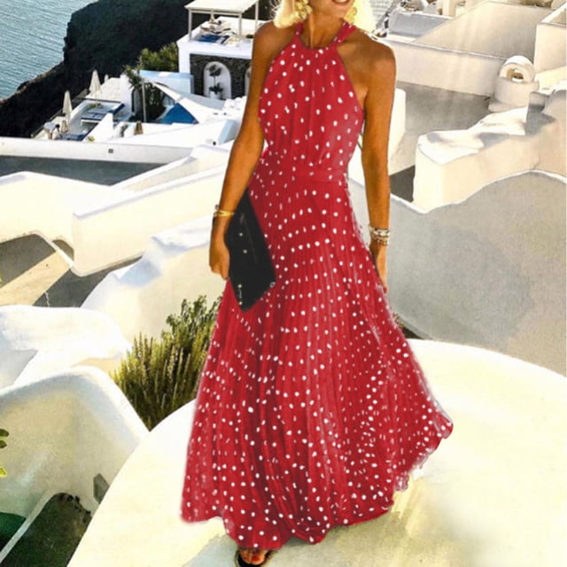 zanvin summer dress for women , Robe d'Été Décontractée Sans Manches à Col Rond à Pois, Robe Longue à Col Halter avec Fermeture Éclair pour Femmes, Robe de Soirée Plage, Rouge