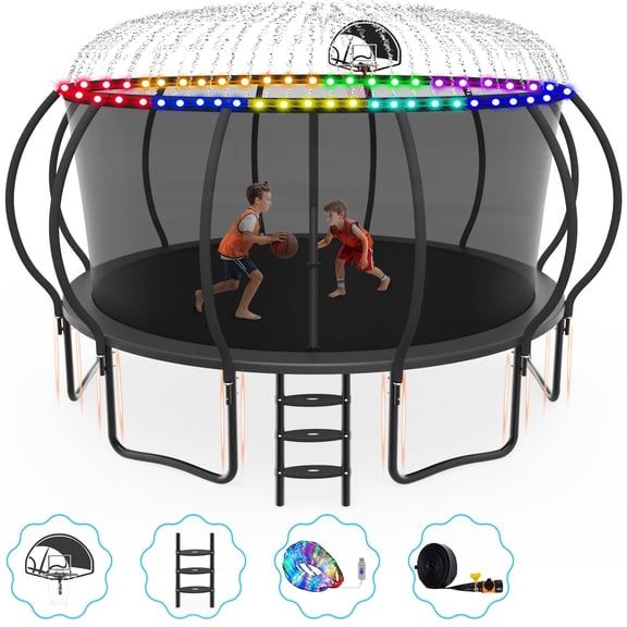 Cochan Outdoor Trampoline 16 FT with Sprinkler and Lights, Backyard Recreational Pumpkin Trampoline for Kids
